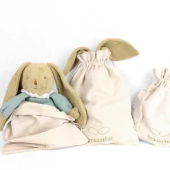 Hochet peluche Ange lapin marinière + pochette en coton
