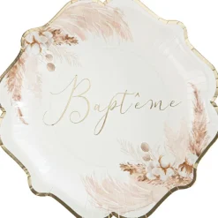 Lot de 8 assiettes en carton Baptême Pampas, Fleurs de coton et or
