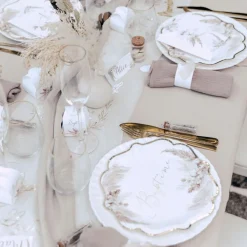 Lot de 8 assiettes en carton Baptême Pampas, Fleurs de coton et or