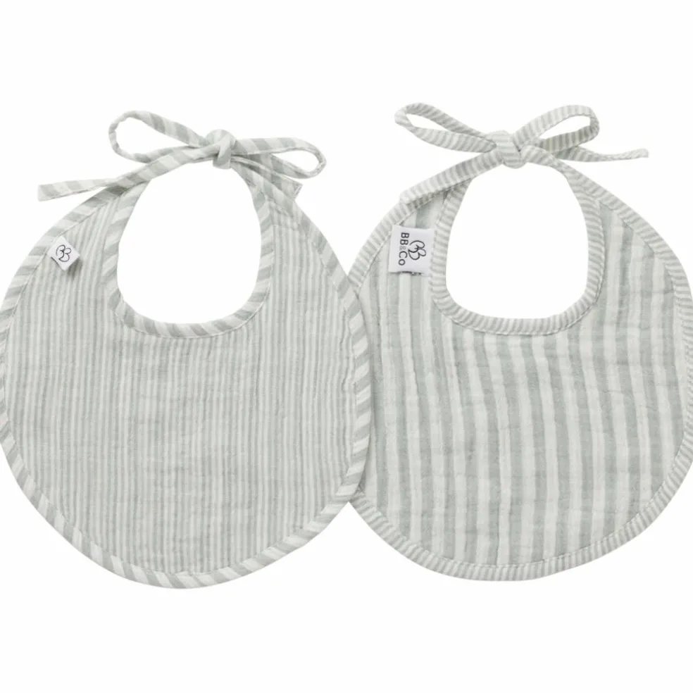 Lot de 2 bavoirs naissance en gaze de coton rayé vert de gris