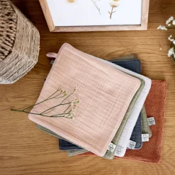 Lot de 3 débarbouillettes blanc cassé-rose poudré-olive