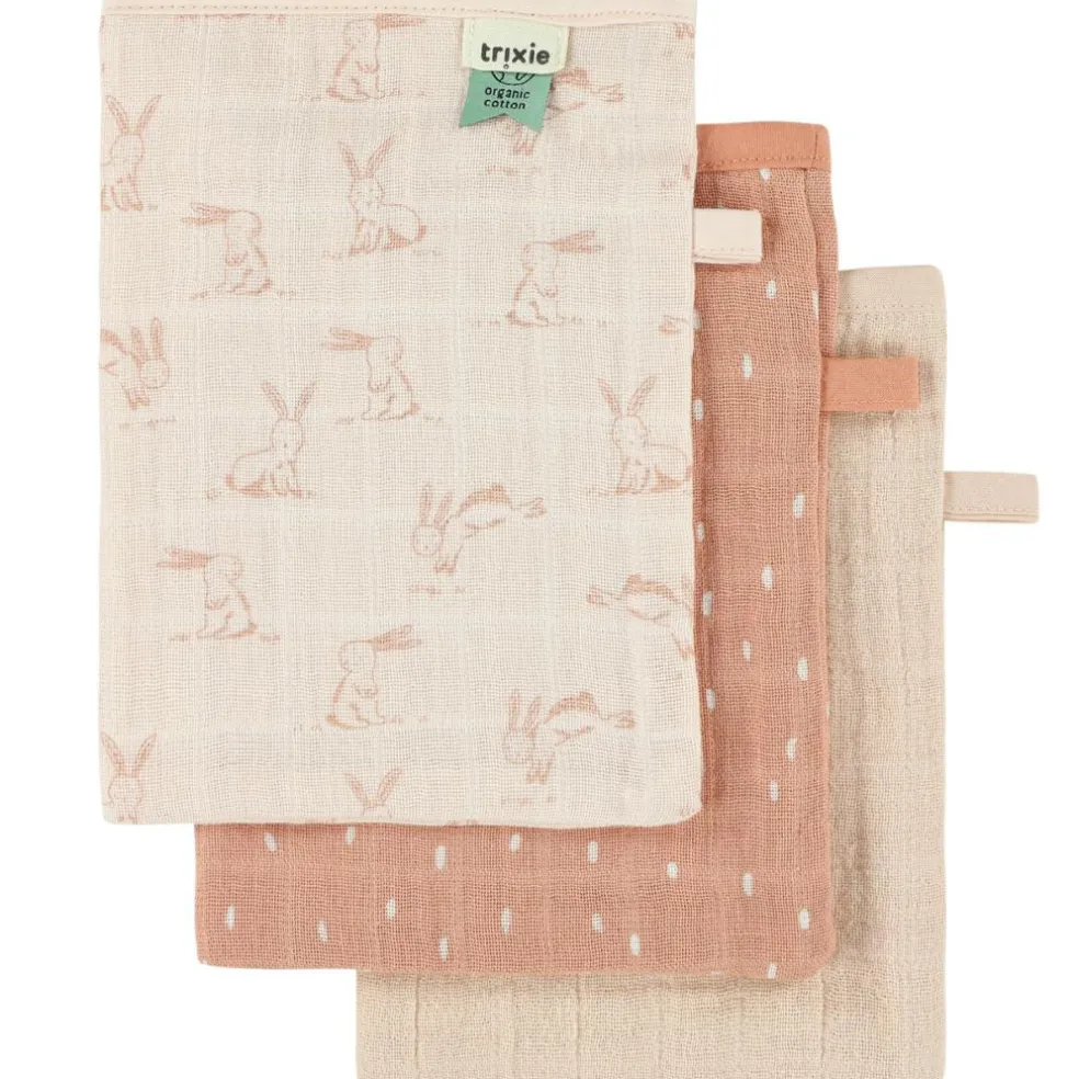 Lot de 3 gants de toilette en mousseline Rosy Rabbit