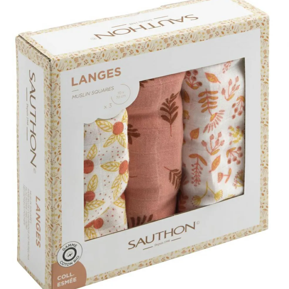 Lot de 3 langes en coton bio Esmée (70 x 70 cm)