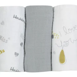 Lot de 3 langes en mousseline de coton I love you (70 x 70 cm)