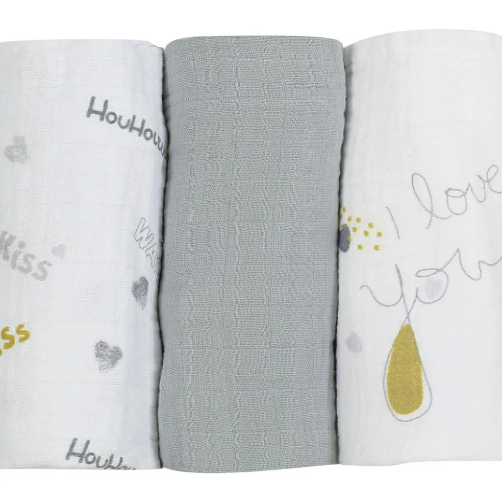 Lot de 3 langes en mousseline de coton I love you (70 x 70 cm)