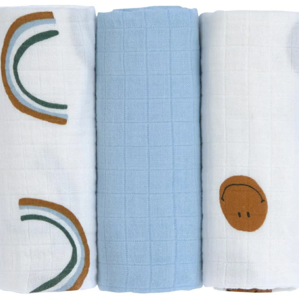 Lot de 3 langes Happy Rascals Smile bleu ciel (60 x 60 cm)