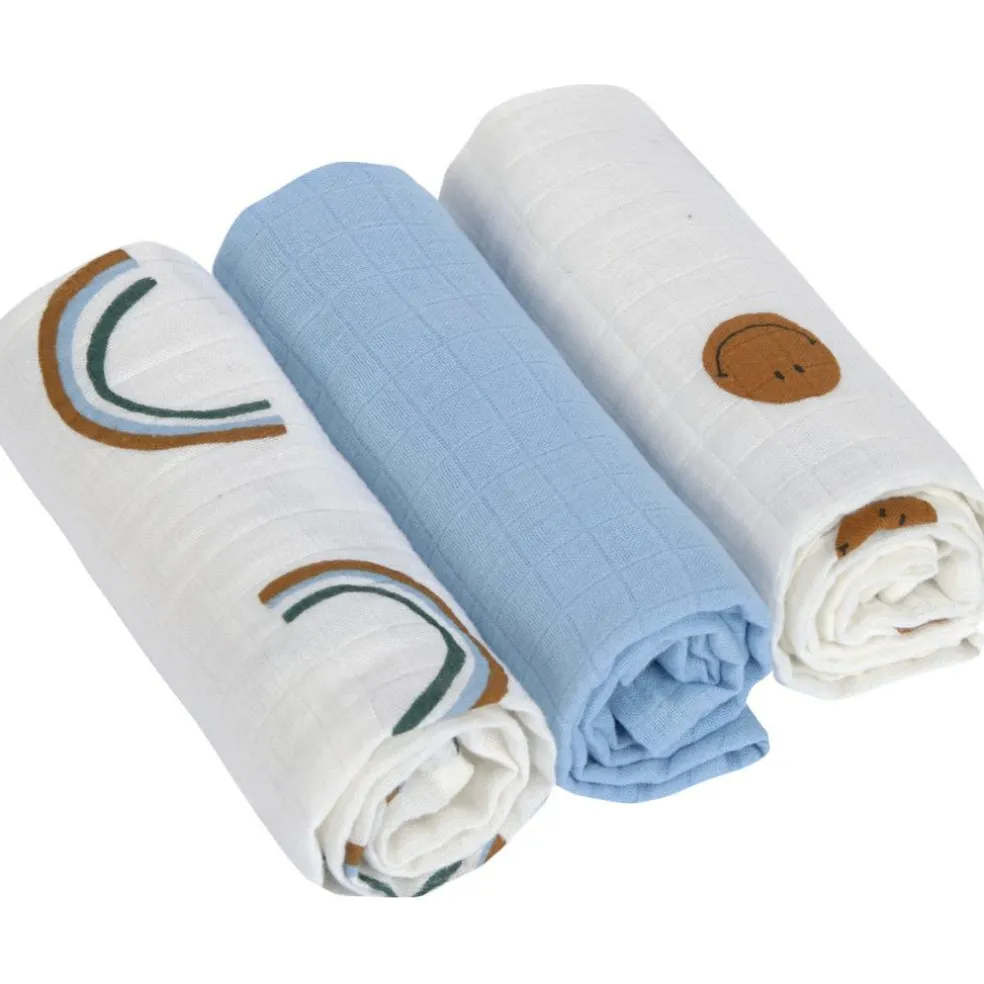 Lot de 3 langes Happy Rascals Smile bleu ciel (60 x 60 cm)