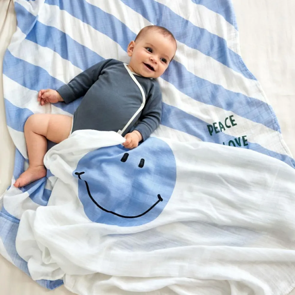 Lot de 2 langes Happy Rascals Smile bleu ciel (120 x 120 cm)