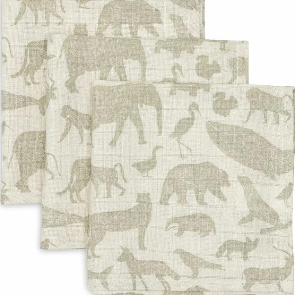 Lot de 3 mini langes en gaze de coton Animals Olive Green (31 x 31 cm)