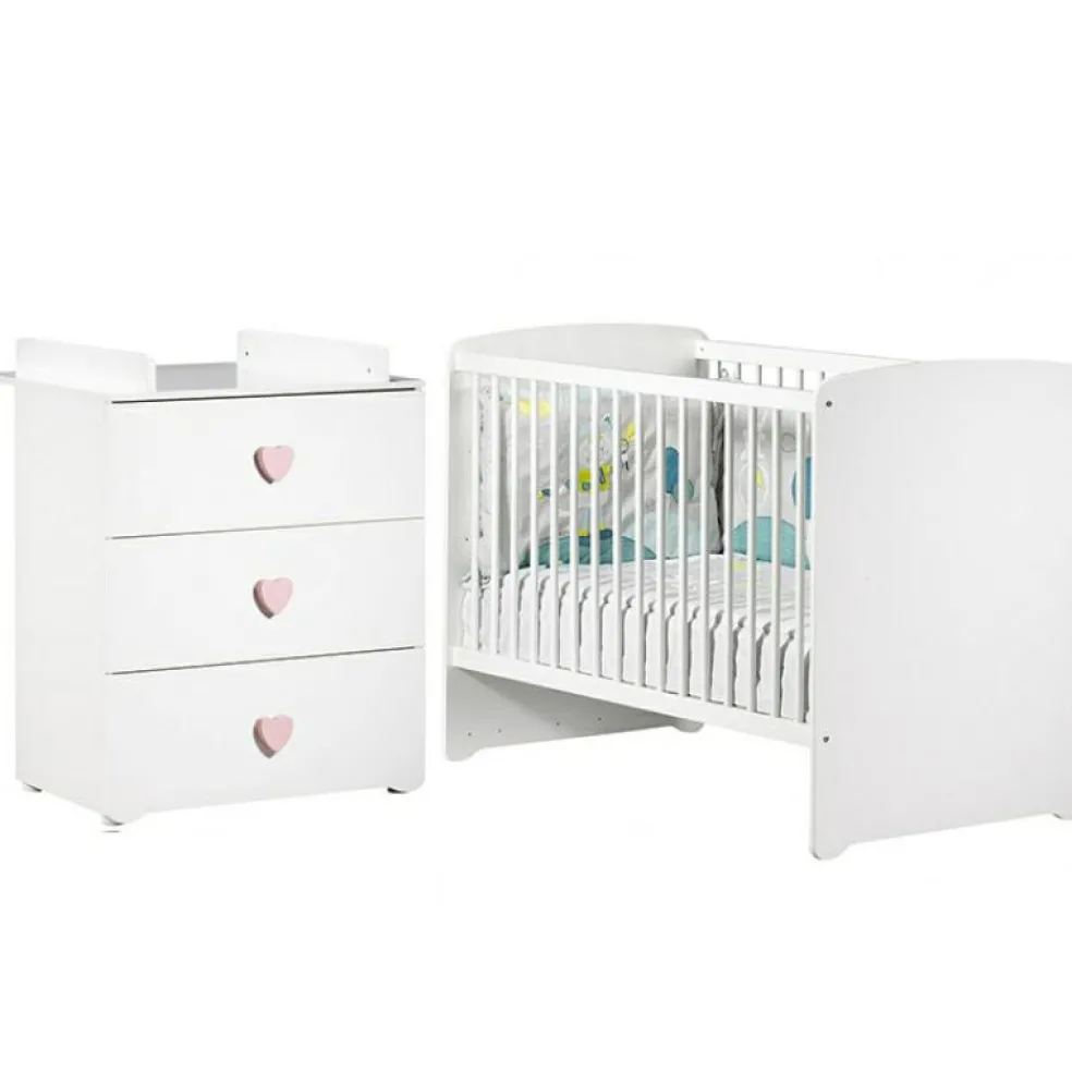 Pack duo lit bébé têtes panneaux blanc et commode à langer coeur rose New Basic