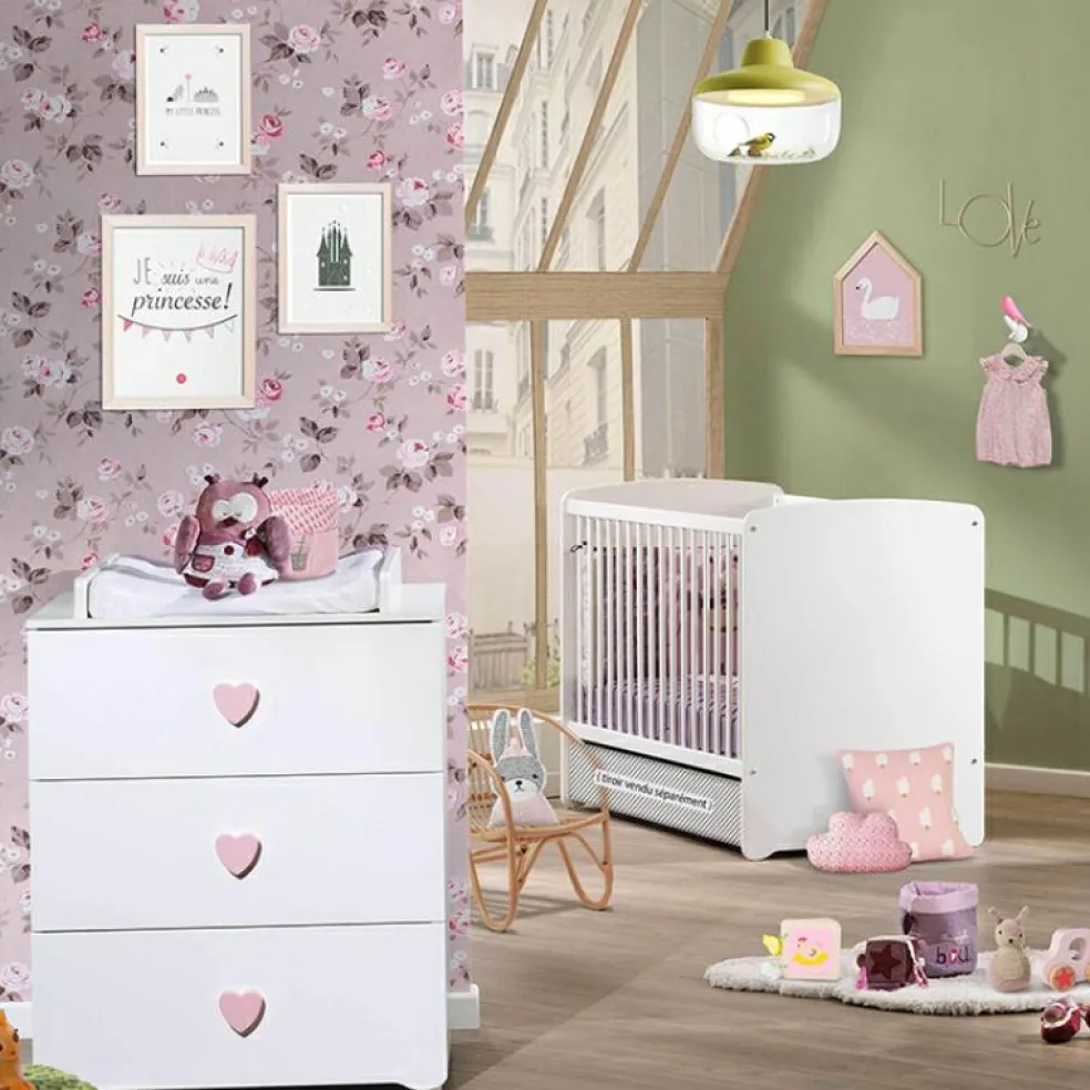 Pack duo lit bébé têtes panneaux blanc et commode à langer coeur rose New Basic