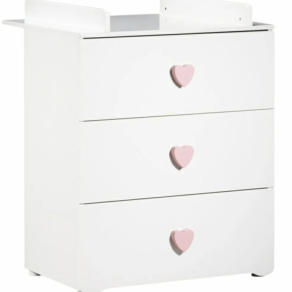 Pack duo lit bébé têtes panneaux blanc et commode à langer coeur rose New Basic