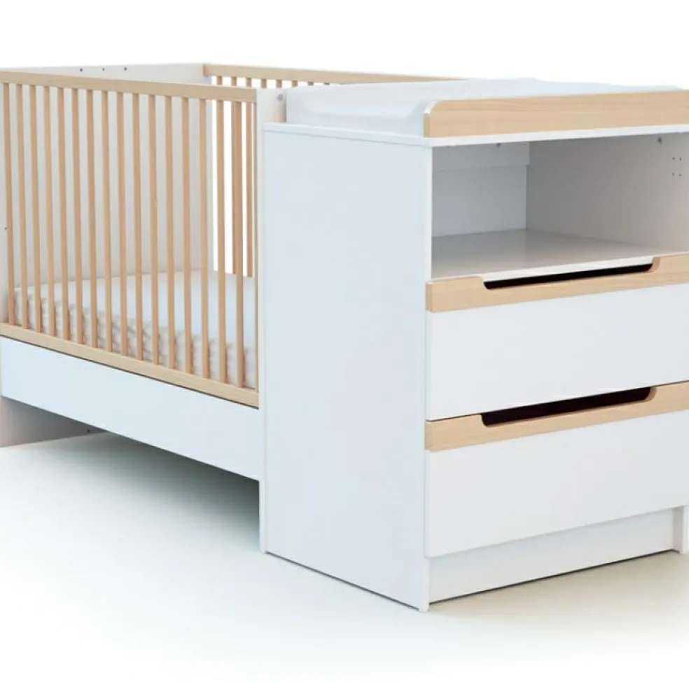 Pack duo lit bébé évolutif et commode à langer en bois de hêtre verni Carrousel blanc