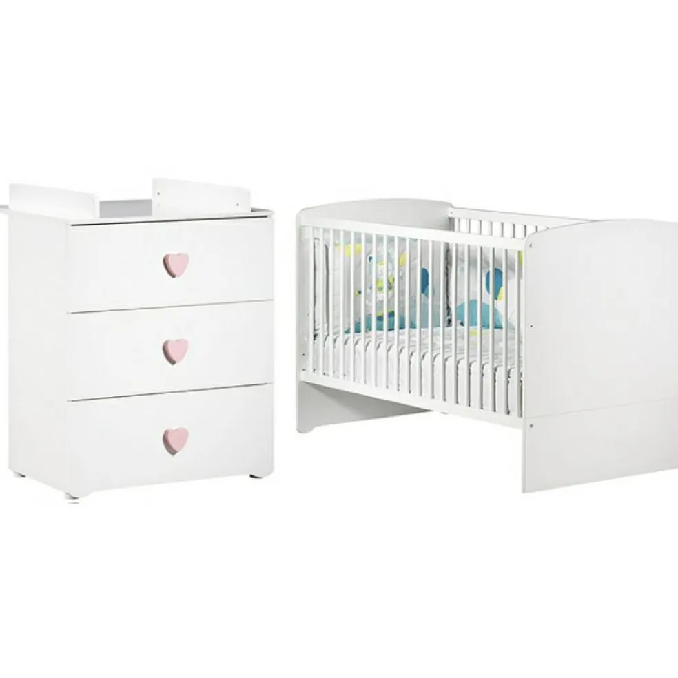 Pack duo lit bébé évolutif Little Big Bed blanc et commode à langer coeur rose New Basic
