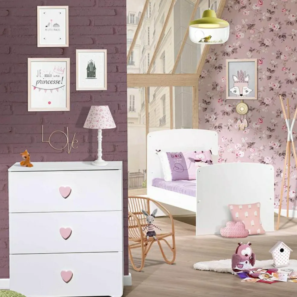 Pack duo lit bébé évolutif Little Big Bed blanc et commode à langer coeur rose New Basic