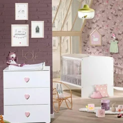 Pack duo lit bébé évolutif Little Big Bed blanc et commode à langer coeur rose New Basic