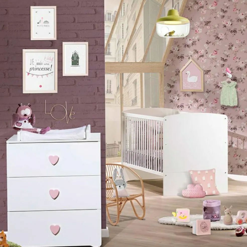 Pack duo lit bébé évolutif Little Big Bed blanc et commode à langer coeur rose New Basic