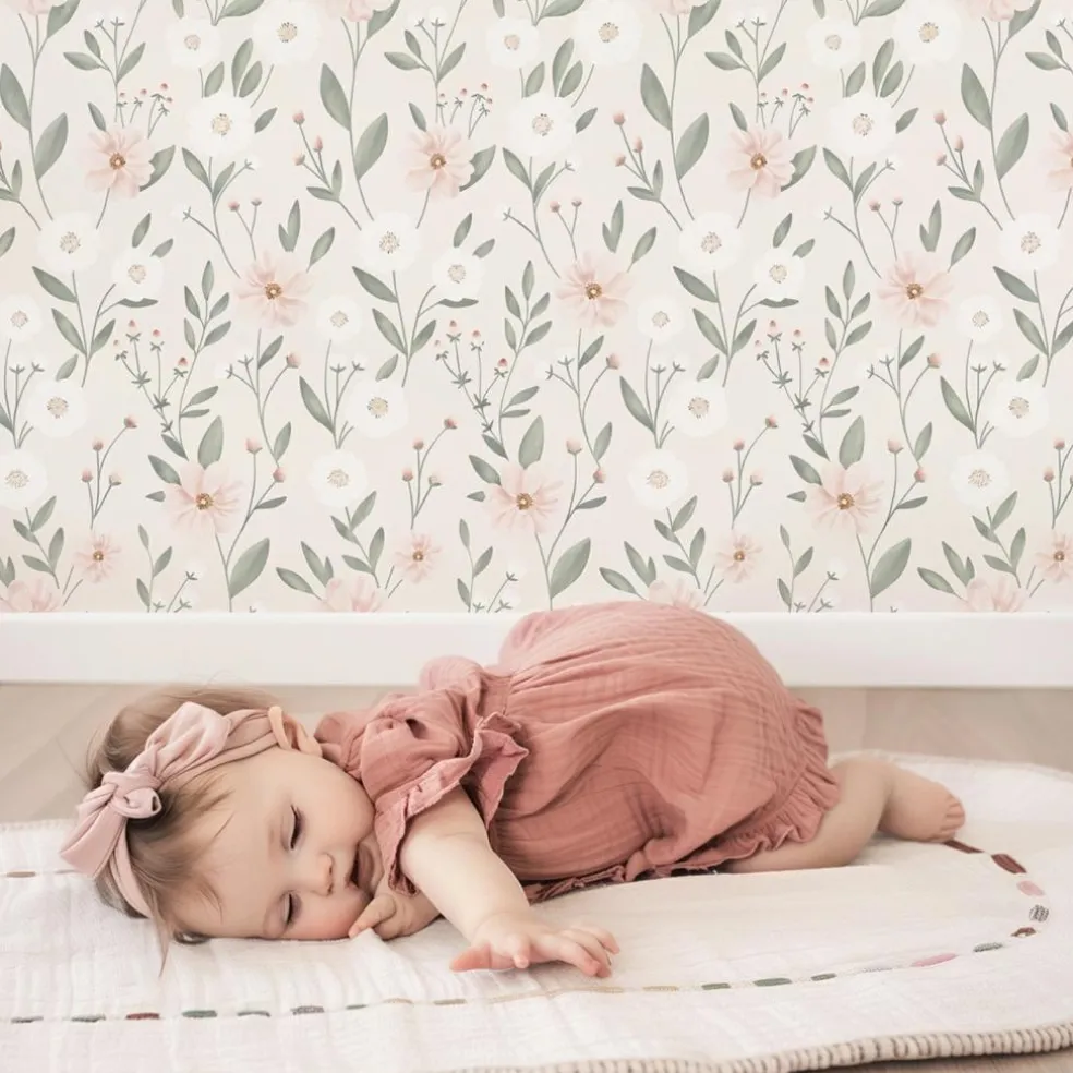 Papier peint Eclosion florale fond rose (50 cm x 10 m)