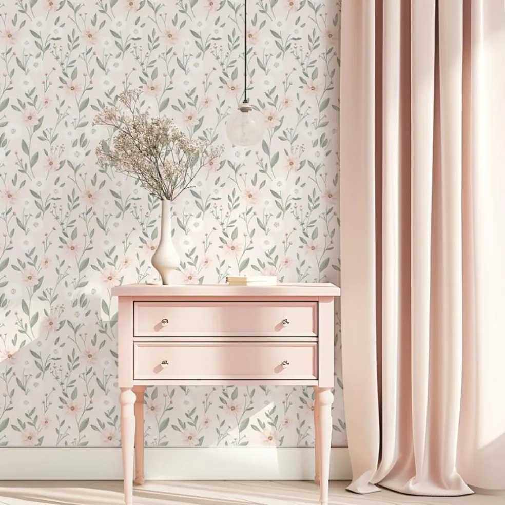 Papier peint Eclosion florale fond rose (50 cm x 10 m)