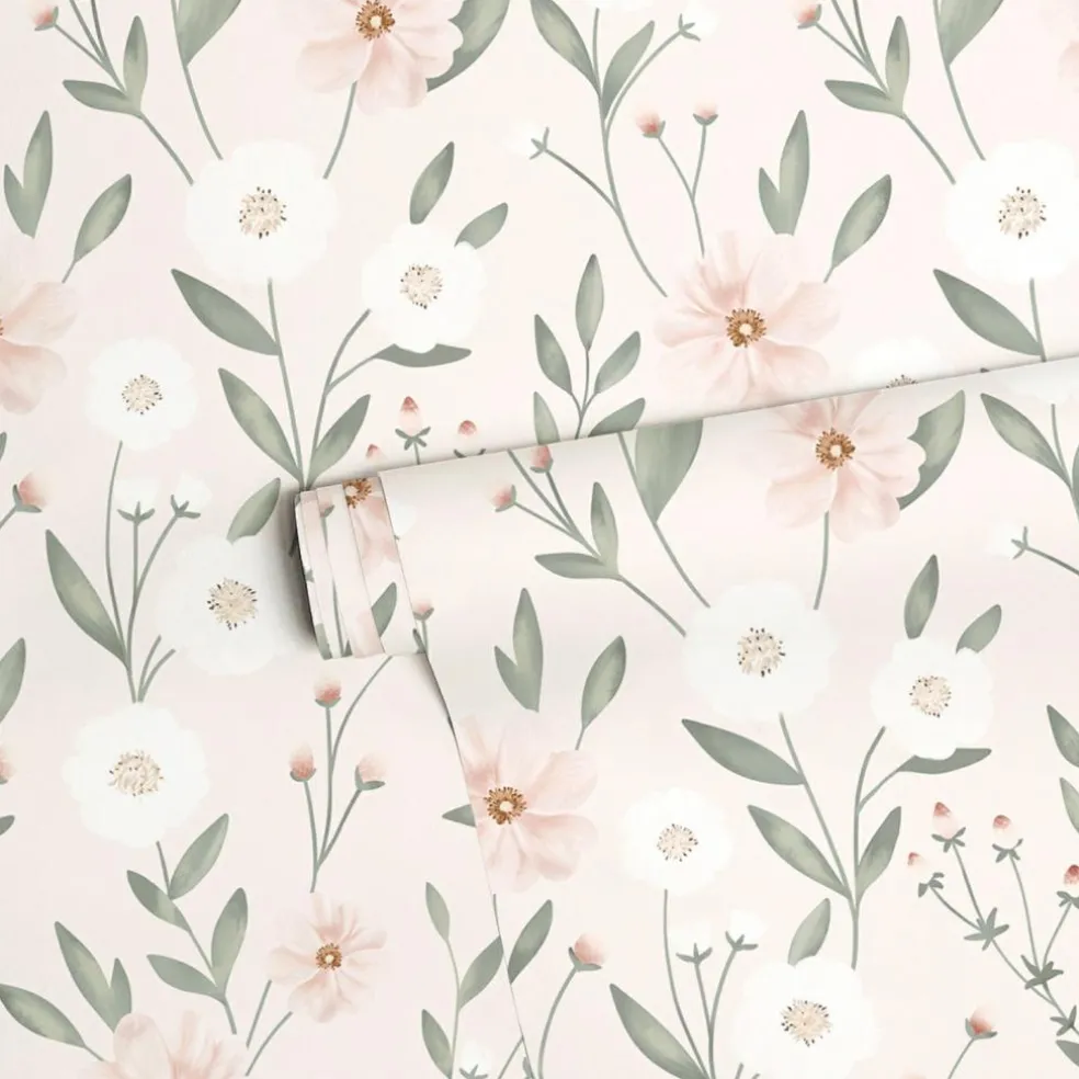 Papier peint Eclosion florale fond rose (50 cm x 10 m)