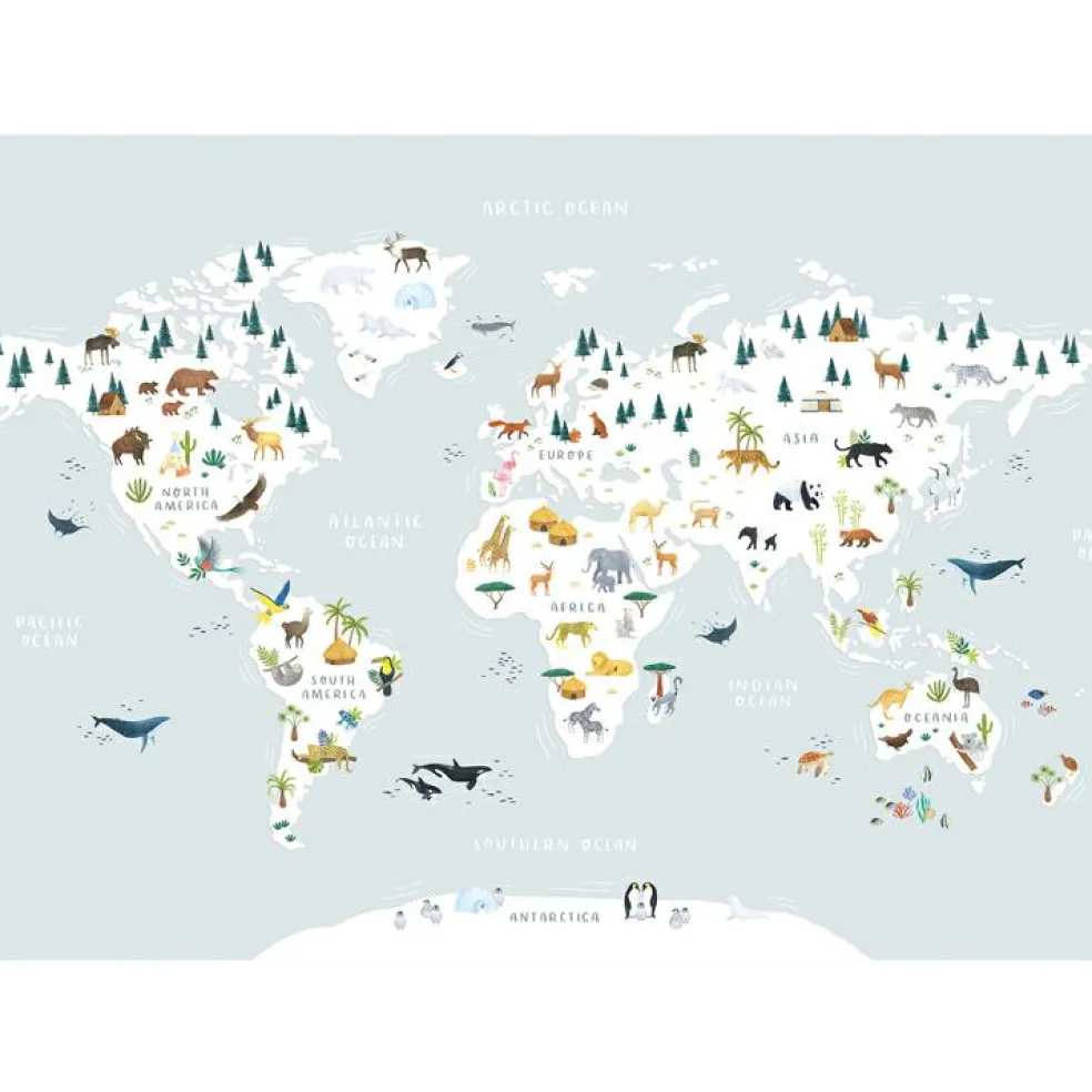 Papier peint panoramique carte du monde des animaux (400 x 248 cm)