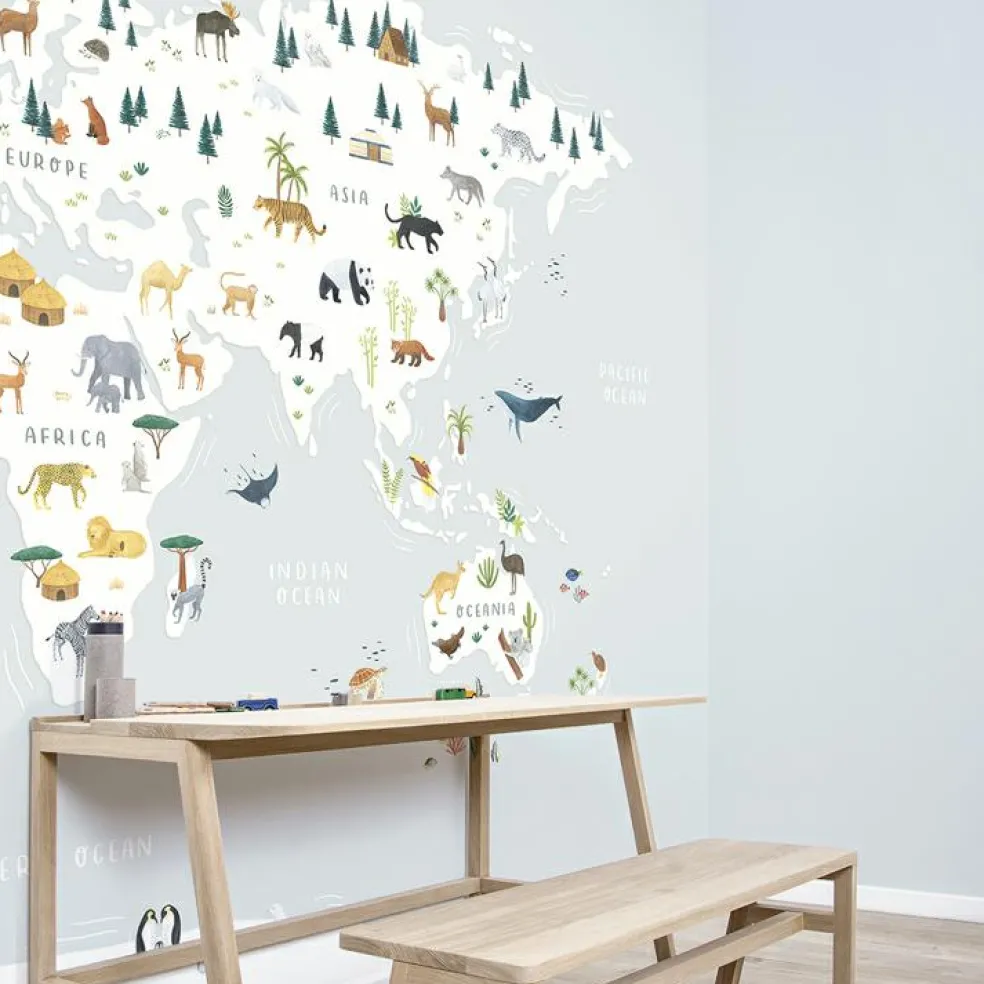 Papier peint panoramique carte du monde des animaux (400 x 248 cm)
