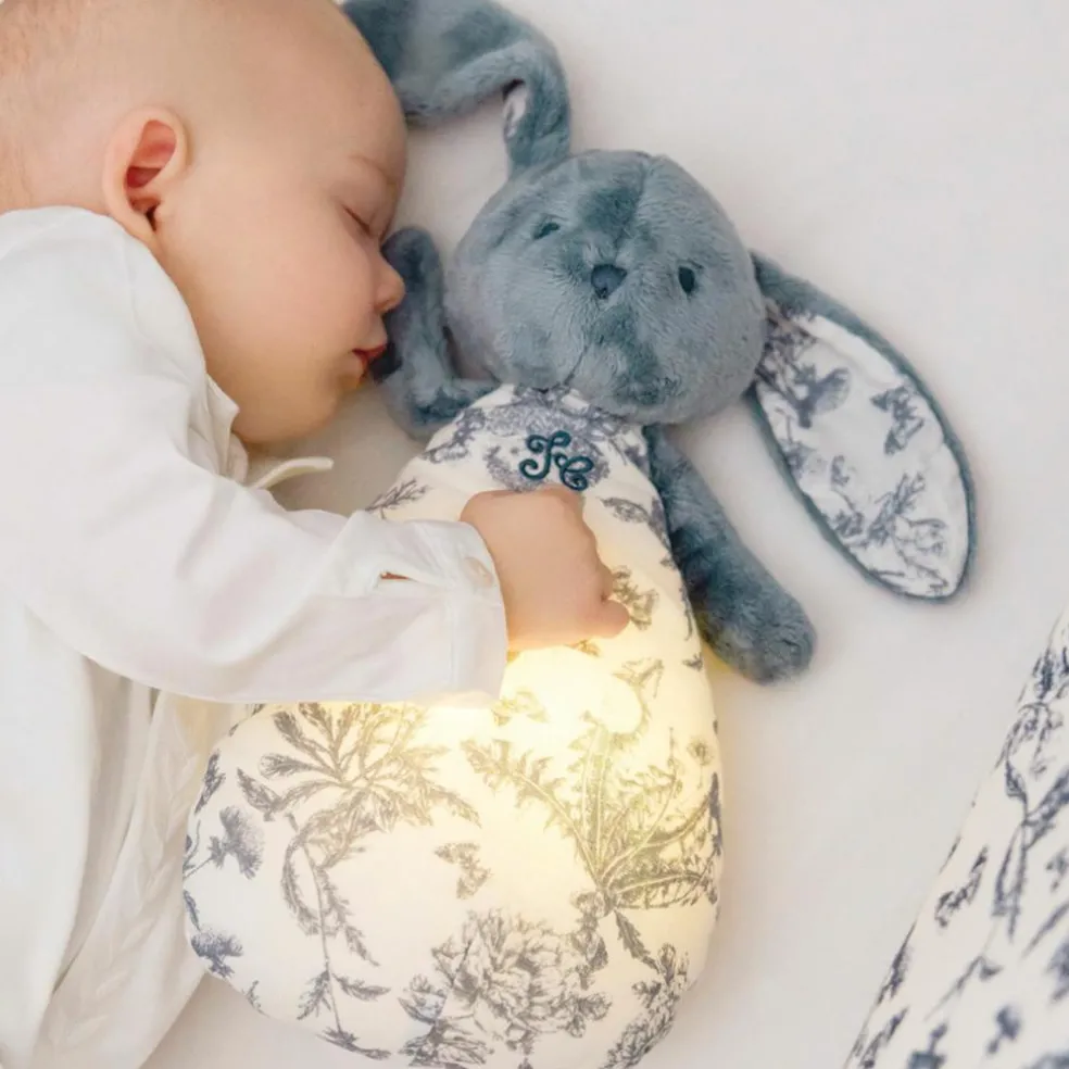 Peluche bruit blanc lapin Toile de Jouy bleu