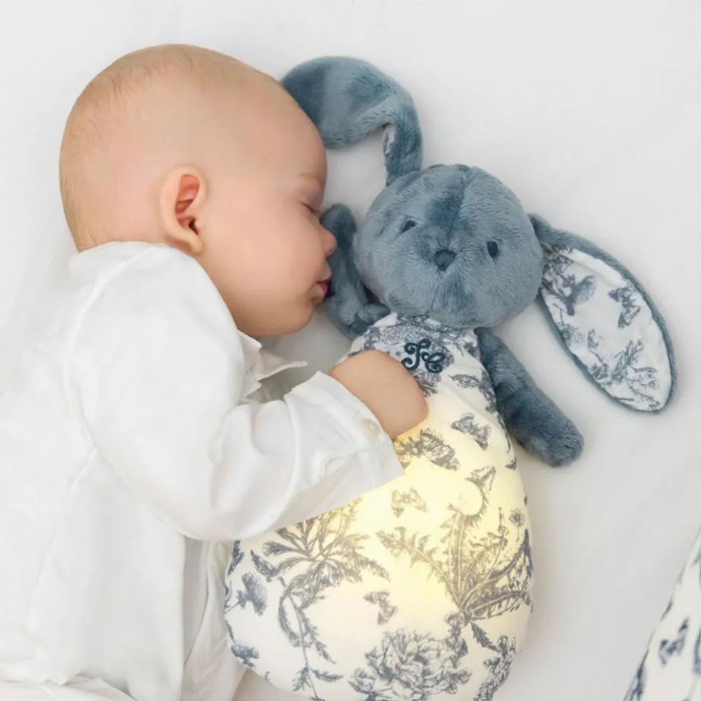 Peluche bruit blanc lapin Toile de Jouy bleu