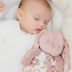 Peluche bruit blanc lapin Toile de Jouy rose