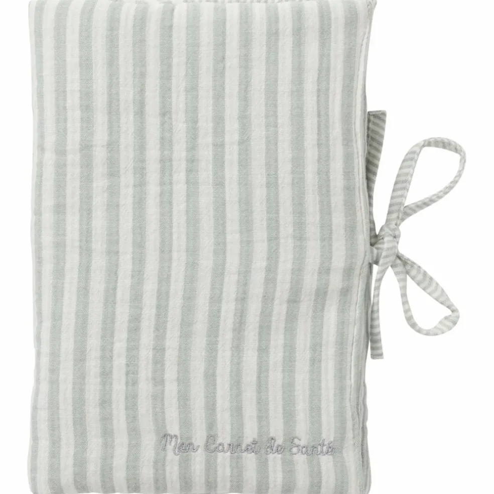 Protège-carnet de santé gaze de coton rayé vert de gris