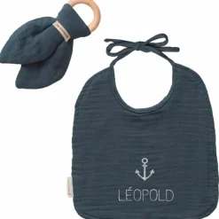 Set de naissance Bavoir et anneau de dentition Bleu pétrole (personnalisable)