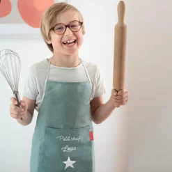 Tablier enfant en lin Vert amande (personnalisable)