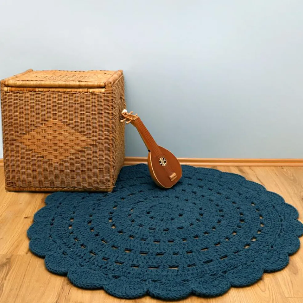 Tapis lavable rond Alma crochet bleu (120 cm)