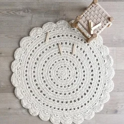 Tapis lavable rond Alma crochet écru lavable en machine (120 cm)