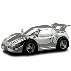 Tirelire Voiture de course personnalisable (métal argenté)