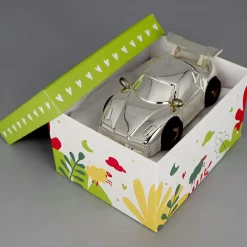 Tirelire Voiture de course personnalisable (métal argenté)